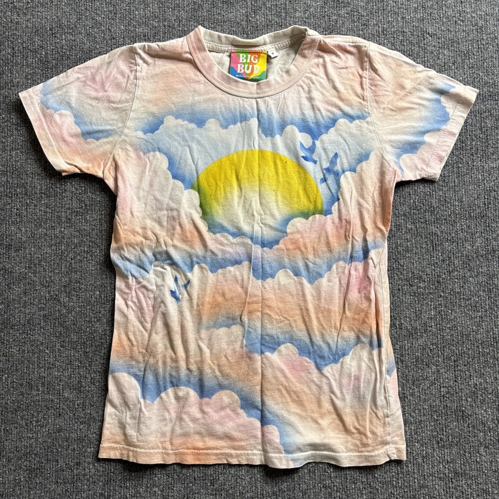 Big Bud Press Cloudy Sun T Shirt Small P Short Sleeve Pink Blue White